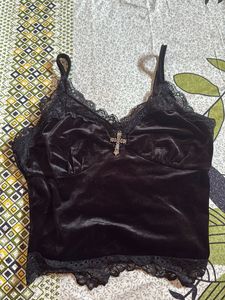 Goth Velvet Cami Top with Lace Trim