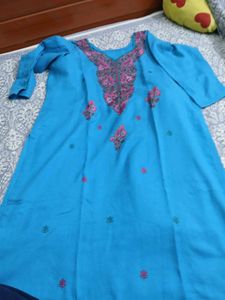 Embroidered Teal wool Kurta Set