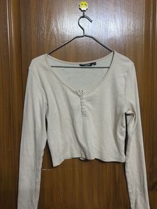 Cream Cropped Long Sleeve Top