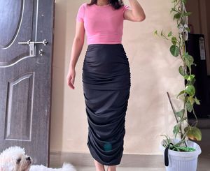 Black Ruched Midi Skirt
