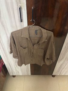 Brown Collared Crop Shirt