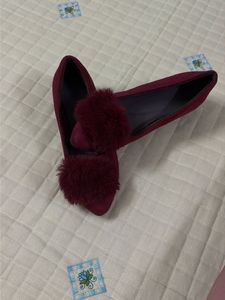 Women's Burgundy Fur Ball Flats