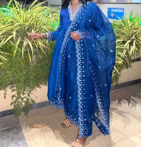 Blue v-neck embroidered Kurti Trouser Dupatta Set
