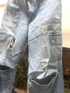 Distressed Cargo Jeans with Knee Cutouts