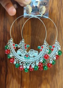 Bohemian Hoop Earrings with Red Embellishments