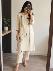 Cream Embroidered co-ord set with Flower Design