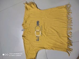 yellow fringe style printed top