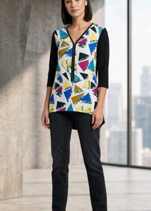 Geometric Print Zip-Up Tunic Top
