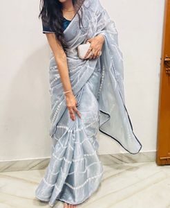 Elegant Grey Saree with White Embroidery