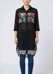 Sheer Black City Print Tunic Shirt
