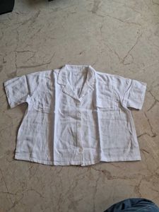 White Linen Blend Button-Up Top