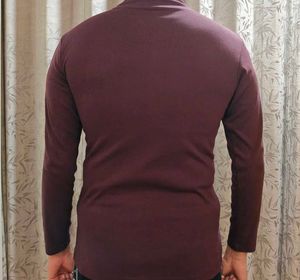 Men's Burgundy Mock Neck Long Sleeve T-Shirt