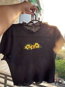 Black Ribbed Crop Top with Sunflower Embroidery