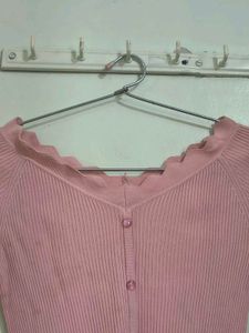 Pink Ribbed Button-Up Top