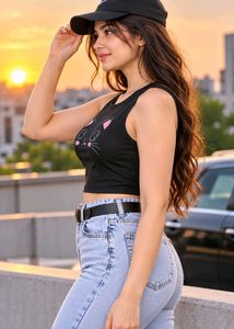 Cute Black Crop Top with Cat Design