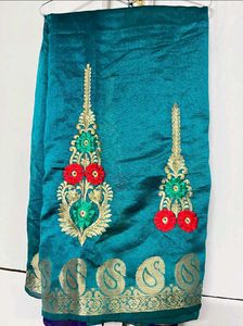 Teal Embroidered Silk Saree