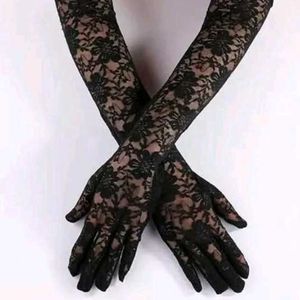 black vintage net floral long gloves
