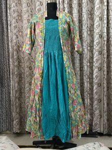 Beautiful Teal Maxi Dress with Floral Shrug