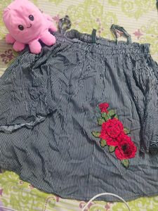 Striped Off-Shoulder Top with Rose Applique