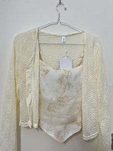 Chic Cream Lace Cardigan & Print Camisole Set