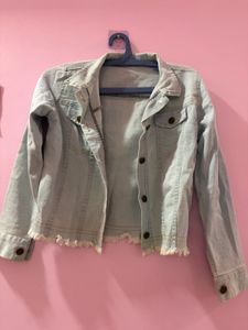 Light Wash Denim Jacket with Frayed Hem