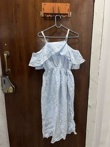 Light Blue Eyelet Cold-Shoulder Korean Dress