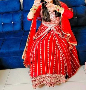 Red Fully Embroidered  Dress With Cancan Skirt