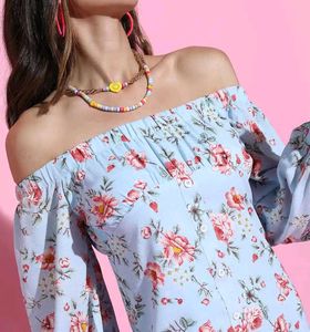 Light Blue Floral Off-Shoulder Dress