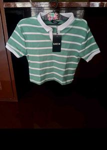 Green Striped Cropped Polo Shirt
