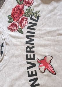 Grey Embroidered Bird &amp; Flower T-Shirt