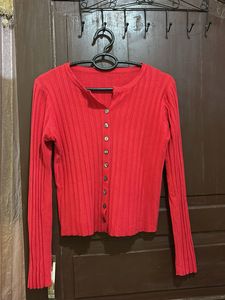 Red Ribbed Button-Up Cardigan