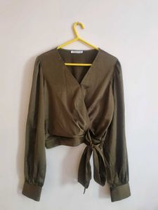 Olive Green Satin Wrap Top