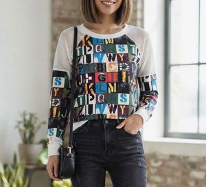 Unique Letter Print Mesh Sleeve Top