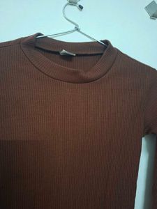 Brown Ribbed Long Sleeve Top
