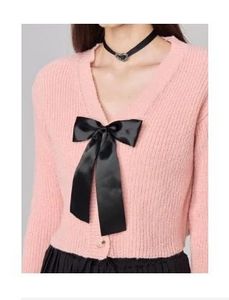 Pink Cardigan with Black Bow Accent