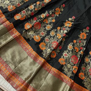 Elegant Black Floral Lehenga Choli with Red Dupatt