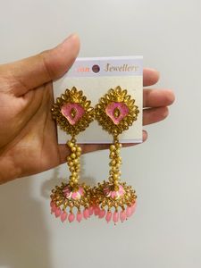 Elegant Pink &amp; Gold Jhumka Earrings