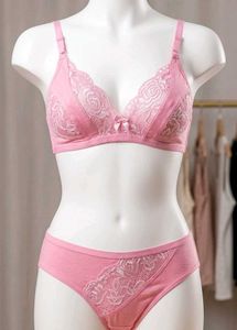 Pink Lace Trim Bra & Panty Set