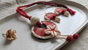 Handmade Red Plaid Necklace &amp; Earring Set