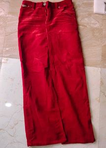 Red Midi Coudoroy Pencil Skirt