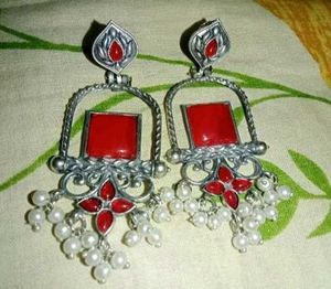 Designer Oxidised Yellow Earrings Pearl Jhumka