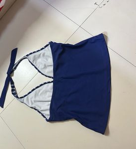 Navy Blue Striped Halter Neck Tankini Top