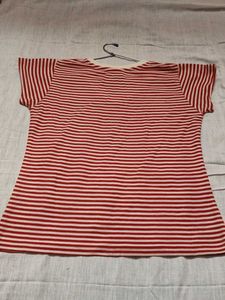Red &amp; White Striped V-Neck Top
