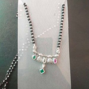 PureSilver Single Line Green&amp;Pink Stone Mangalsutr