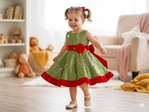 Adorable Green & Red Party Dress(6layers )