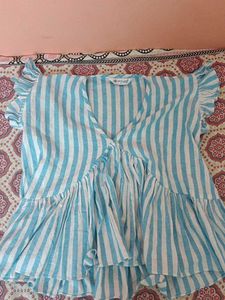 light blue Striped Ruffle Top