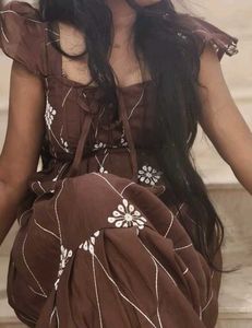 Brown Tiered Maxi Dress with Floral Embroidery