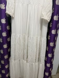 White Tiered Embroidered Gown with Red Scarf