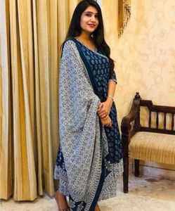 Elegant Blue &amp; White Block Print Kurta Set