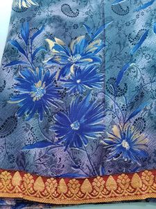 Blue Printed Saree With Unstitched Blouse